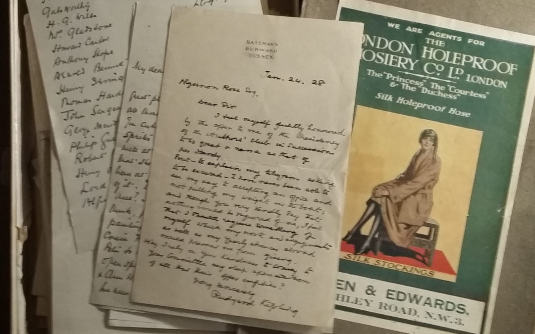 A collection of letters from Hardy, Kipling and others in a 1920s hosiery box