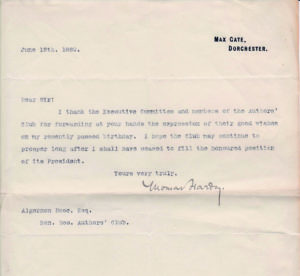 Letter from Thomas Hardy thanking the Club for birthday wishes